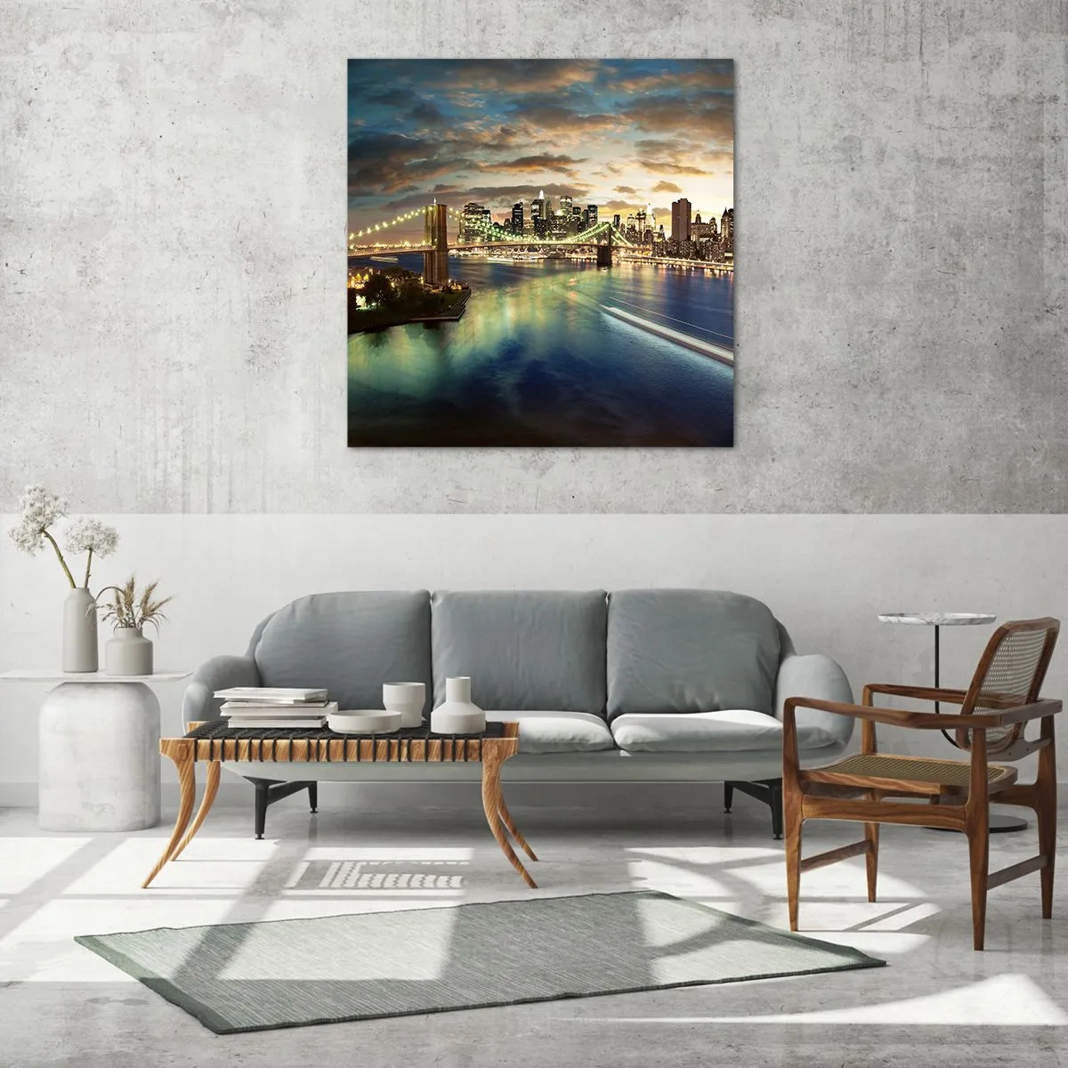 Glastavla - Bild på glas - En ljus kväll över Manhattan. - 70x70 cm