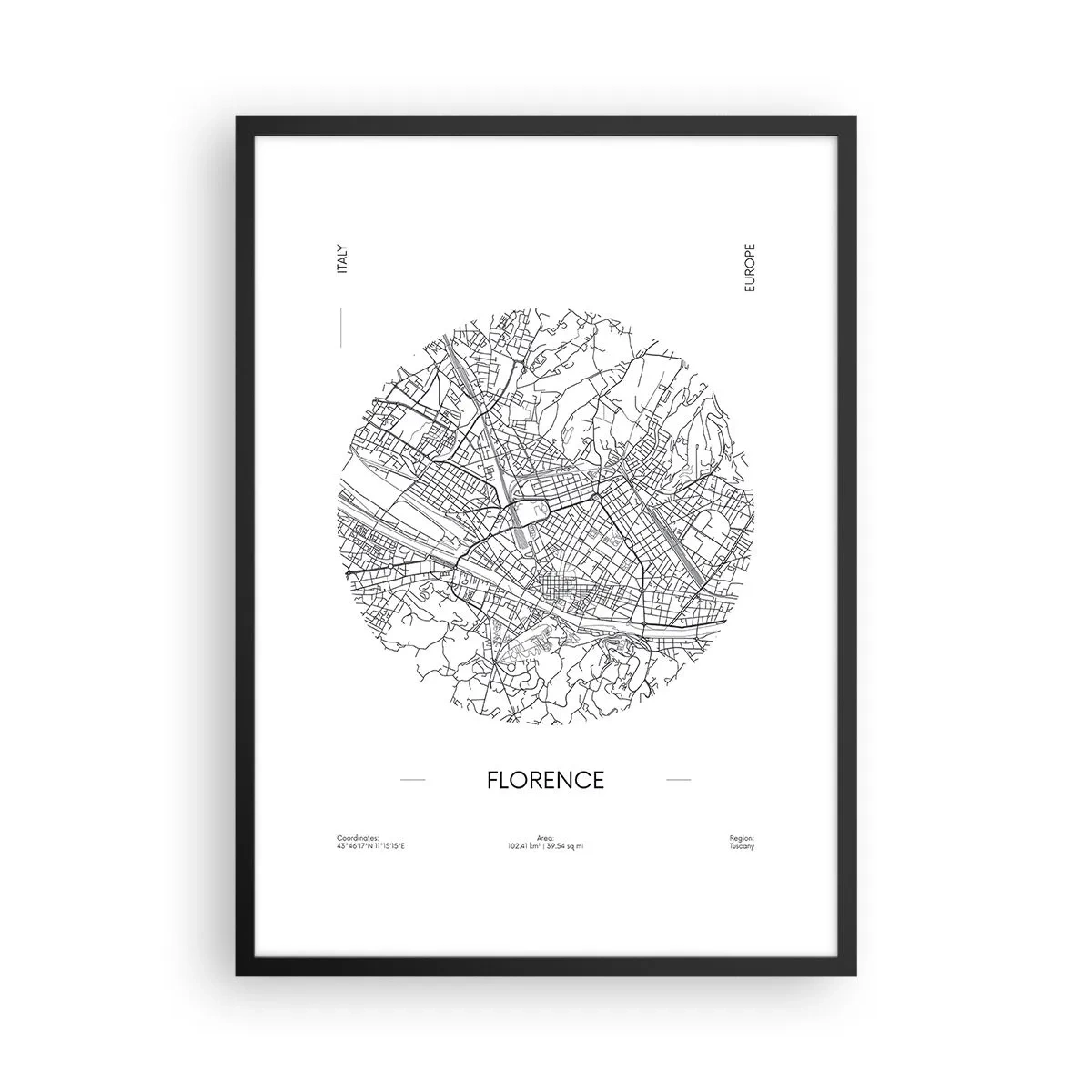 Affisch i svart ram - En minimalistisk karta över Florens i svartvitt. - 50x70cm - Florens anatomi - Modern väggdekoration för vardagsrum och sovrum ARTTOR