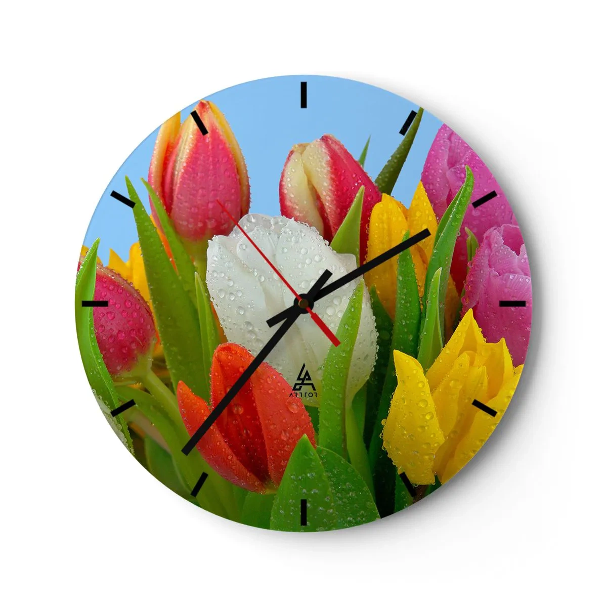 Väggklocka - Klocka på glas - blommig regnbåge i daggdroppar - 40x40 cm