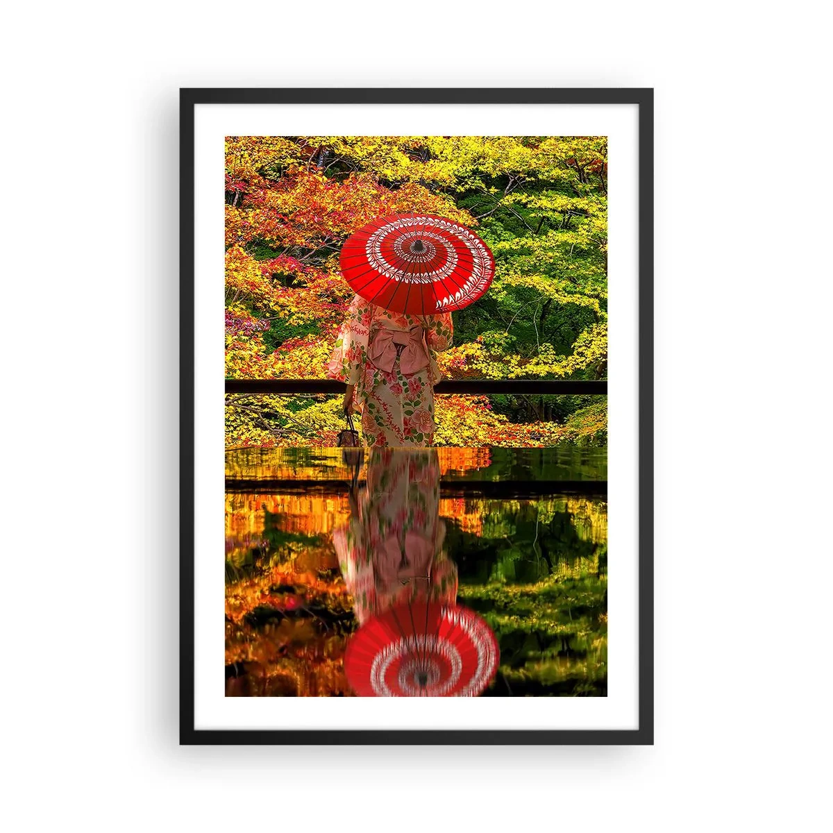 Affisch i svart ram - En kvinna i kimono med ett rött paraply mot en bakgrund av höstlöv. - 50x70cm - I naturens tempel - Modern väggdekoration för vardagsrum och sovrum ARTTOR