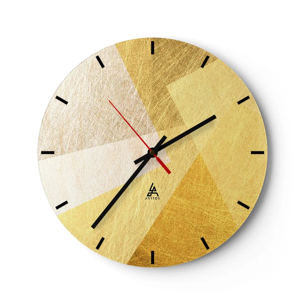 Väggklocka - Klocka på glas - Gyllene geometriska former i en modern komposition - 30x30cm - Geometriskt väder - Modern väggdekoration för vardagsrum, kök och sovrum ARTTOR