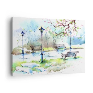 Canvastavla - Bild på duk - Akvarell parkscen med bänkar och lampor - 70x50cm - Parktystnadens charm - Modern väggdekoration för vardagsrum och sovrum ARTTOR