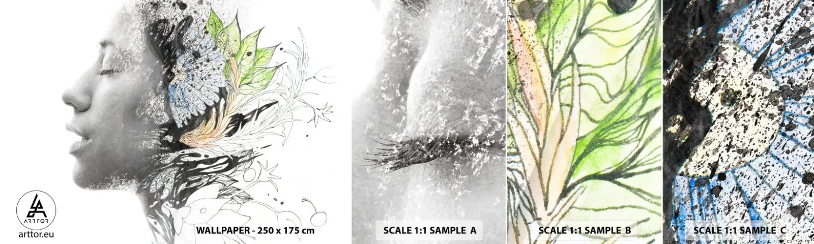 Provbit av självhäftande fototapet Deluxe Sticker - Doppad i naturen - Abstraktion, Kvinnans ansikte, Blommor - 100x30 cm