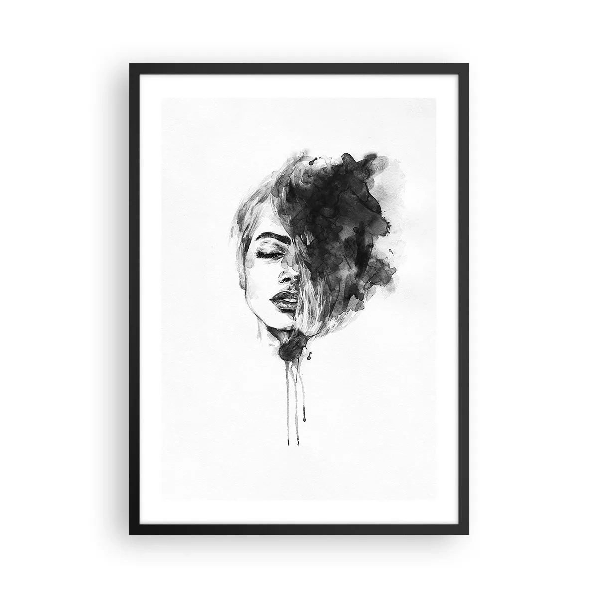 Affisch i svart ram - Porträtt av en kvinna i svartvit akvarell - 50x70cm - Vad flickan drömmer om - Modern väggdekoration för vardagsrum och sovrum ARTTOR