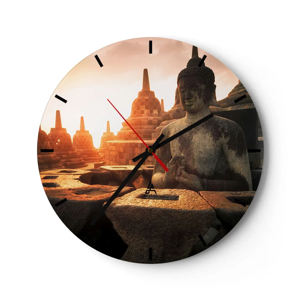 Väggklocka - Klocka på glas - Solnedgång över Buddhastatyer omgivna av tempel - 30x30cm - Stora visdomens väder - Modern väggdekoration för vardagsrum, kök och sovrum ARTTOR