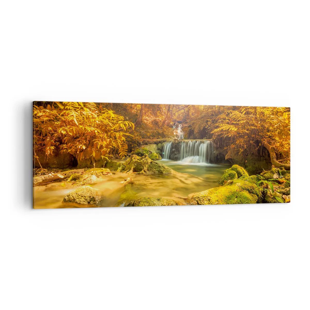Canvastavla - Bild på duk - Skogkaskad i gult - 140x50 cm