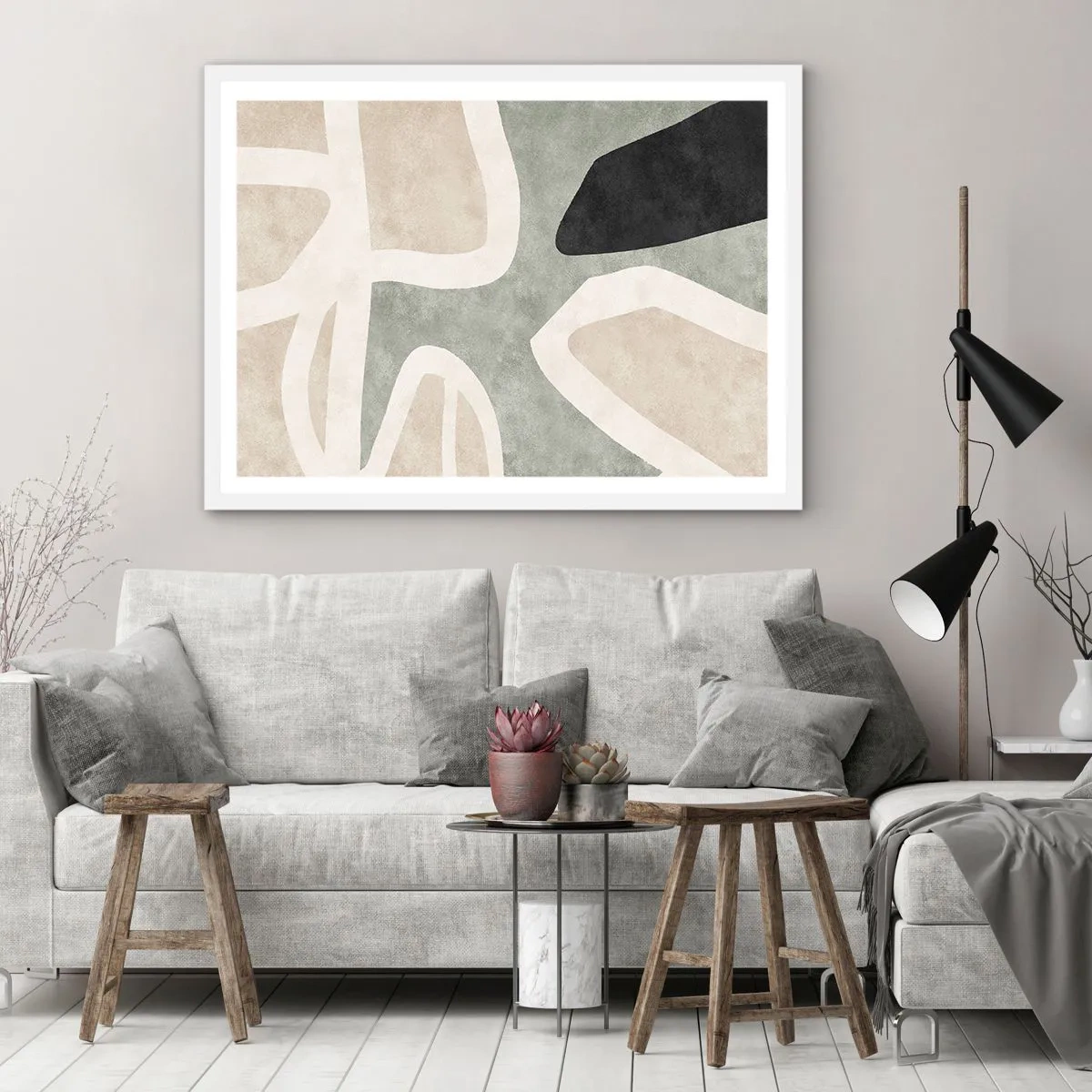 Affisch i vit ram - Komposition med svart motiv - 100x70 cm