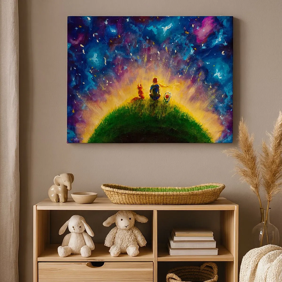 Canvastavla - Bild på duk - Figurer på en grön kulle omgiven av en stjärnklar himmel - 70x50cm - Kärlek och vänskap - hela världen - Modern väggdekoration för vardagsrum och sovrum ARTTOR