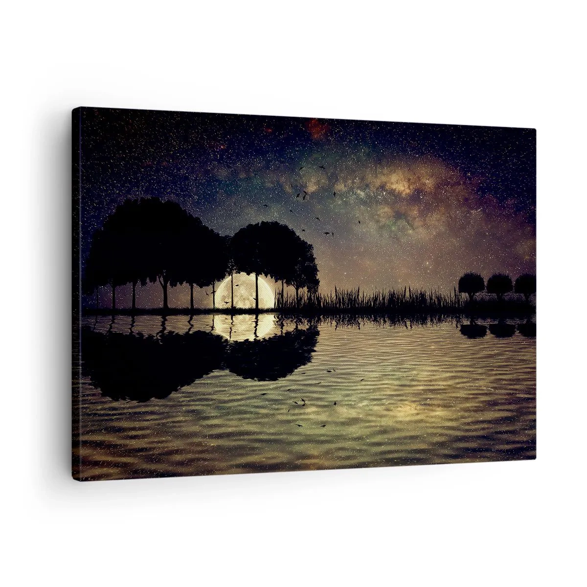 Canvastavla - Bild på duk - En magisk natt med träd och månen som speglas i vattnet - 70x50cm - En natt i världens ände - Modern väggdekoration för vardagsrum och sovrum ARTTOR