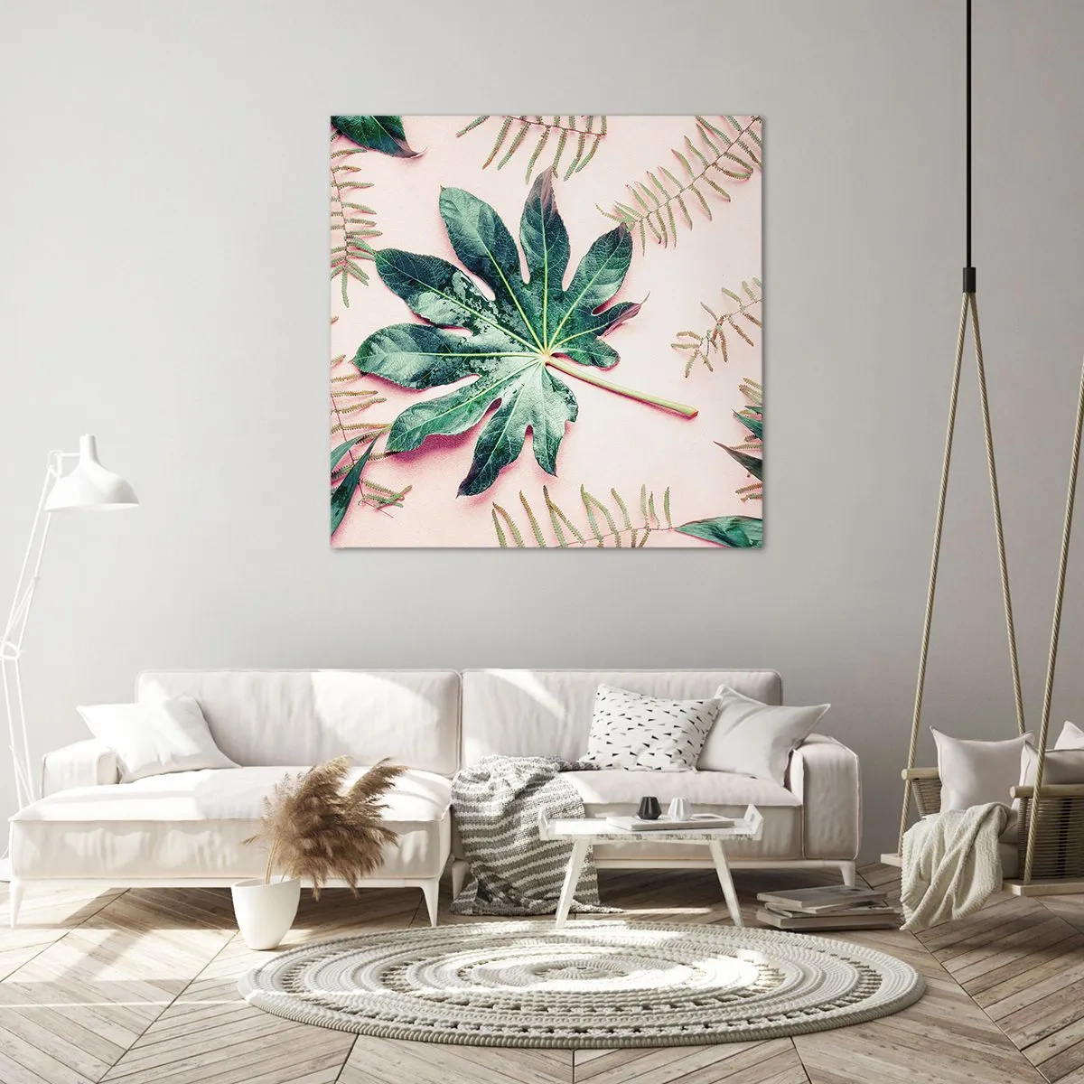 Canvastavla - Bild på duk - Grönskans studie mot rosa bakgrund - 30x30 cm