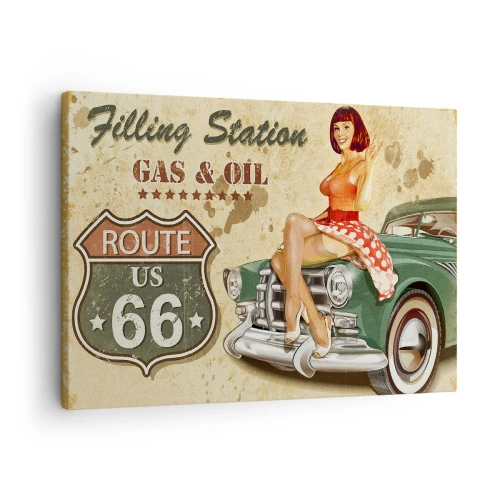 Canvastavla - Bild på duk - Retro Route 66-affisch med pinuppa och bil - 70x50cm - Underbara 40-talet - Modern väggdekoration för vardagsrum och sovrum ARTTOR