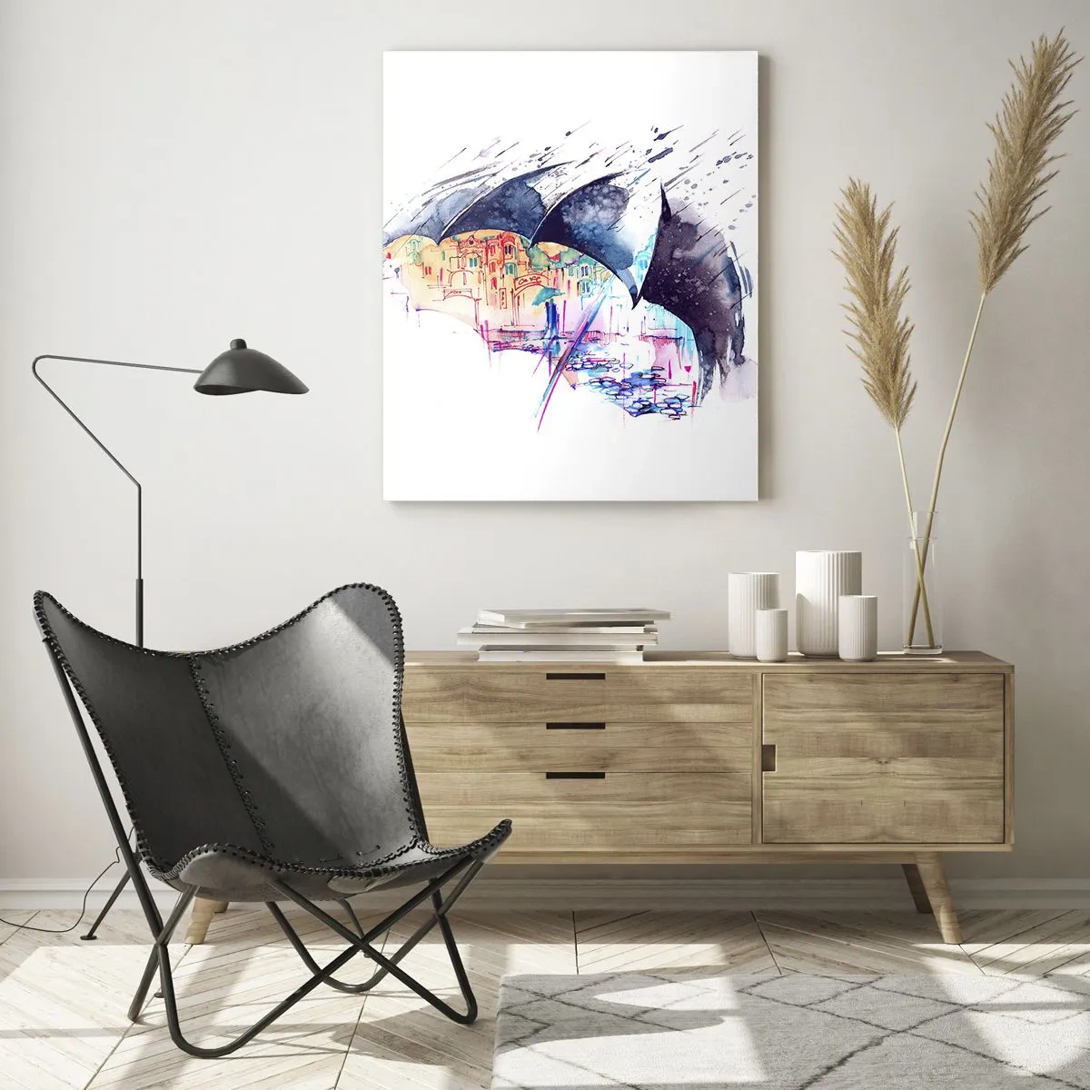 Glastavla - Bild på glas - Promenad i regnet - 80x120 cm