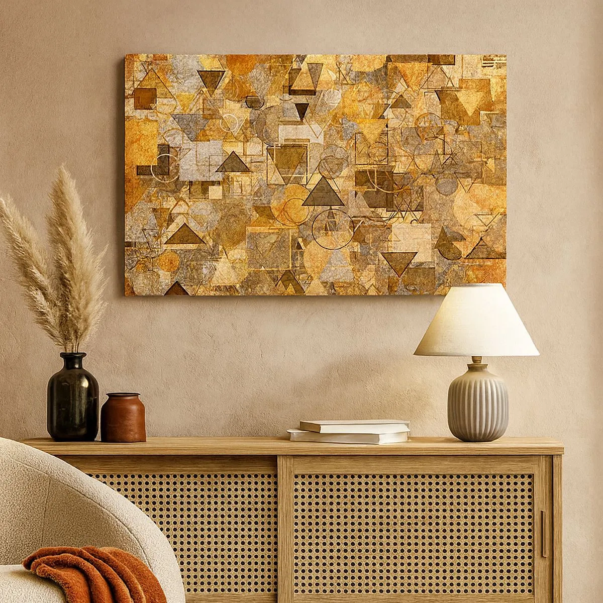 Canvastavla - Bild på duk - Abstrakta geometriska mönster i nyanser av guld - 70x50cm - Värld infattad i form - Modern väggdekoration för vardagsrum och sovrum ARTTOR