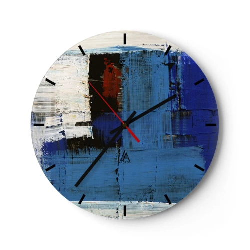 Väggklocka - Klocka på glas - Modern abstraktion med dominerande blått och röda accenter. - 30x30cm - Det blåas hemlighet - Modern väggdekoration för vardagsrum, kök och sovrum ARTTOR