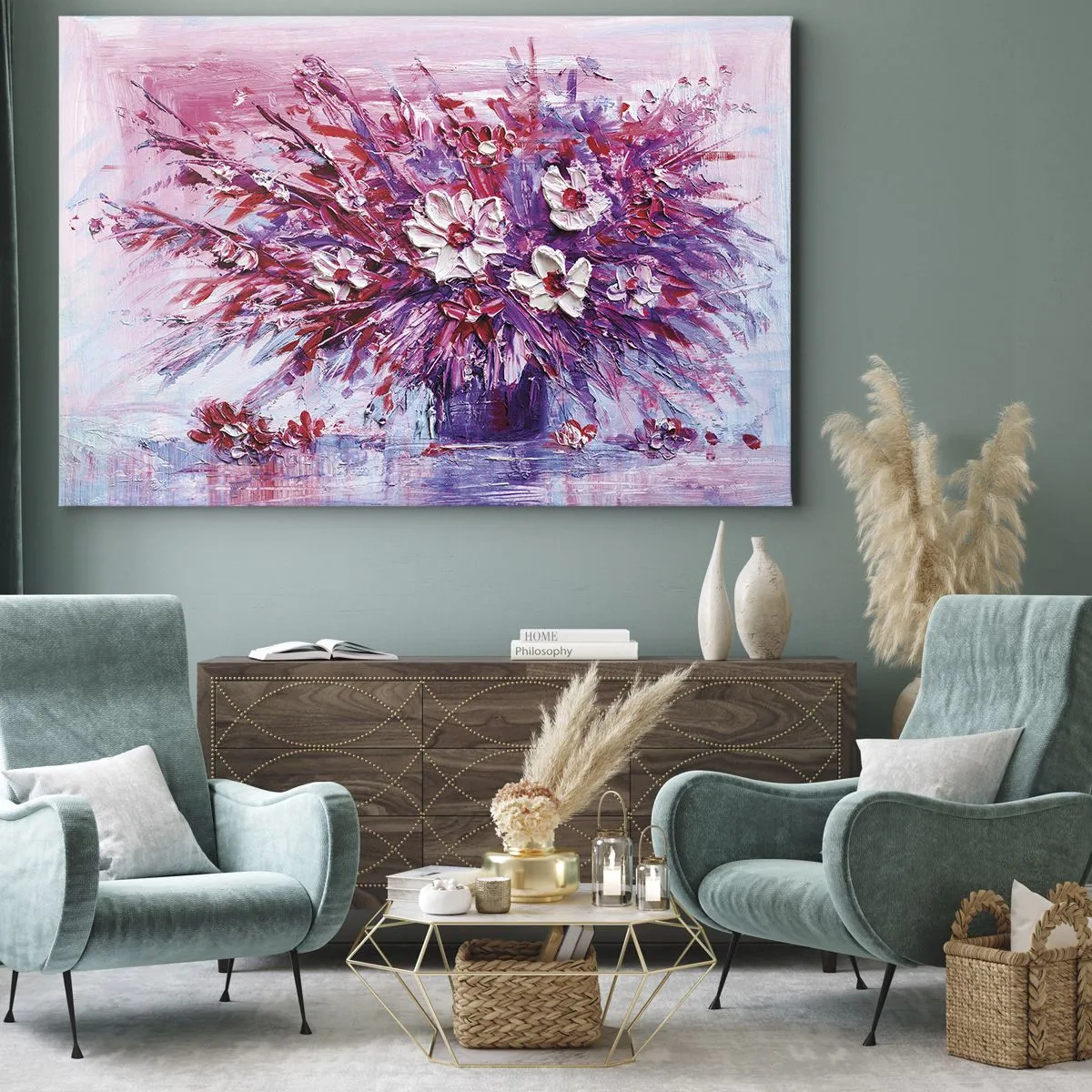 Canvastavla - Bild på duk - En färgglad blombukett i nyanser av rosa och lila - 70x50cm - Oskuld och passion - Modern väggdekoration för vardagsrum och sovrum ARTTOR