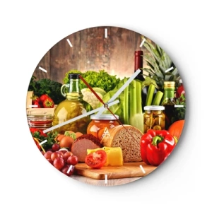 Väggklocka - Klocka på glas - Olika livsmedelsprodukter på en träbakgrund - 30x30cm - Rökt, ugnstekt, marinerad - Modern väggdekoration för vardagsrum, kök och sovrum ARTTOR