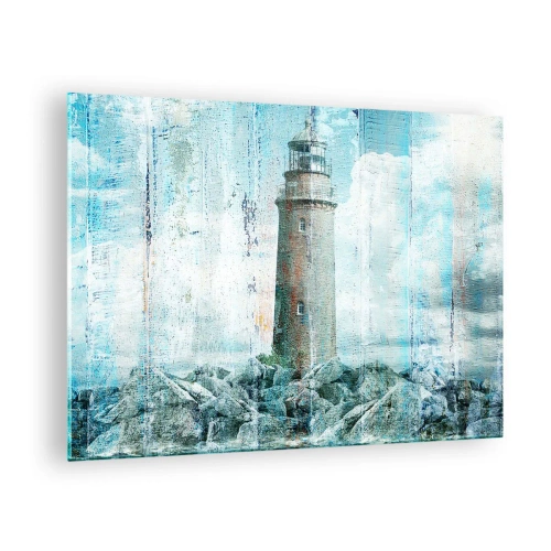 Glastavla - Bild på glas - Vintage fyr med moln i bakgrunden - 70x50cm - På gammalt trä - Modern väggdekoration för vardagsrum och sovrum ARTTOR