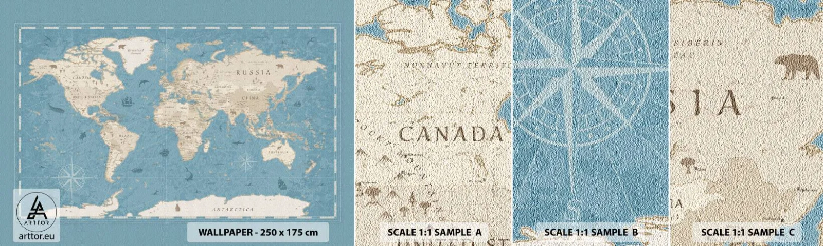 Fototapet Prov Standard Eco - En värld inom räckhåll - Världskarta, Årgång, Grunge - 100x30 cm