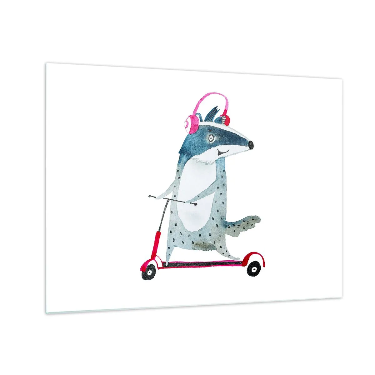 Glastavla - Bild på glas - Grävling med hörlurar på en akvarell scooter - 70x50cm - Grävlingens glädje - Modern väggdekoration för vardagsrum och sovrum ARTTOR