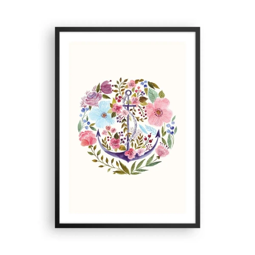 Affisch i svart ram - Ett akvarell ankare omgivet av blommor mot en ljus bakgrund. - 50x70cm - En seglares goda sömn - Modern väggdekoration för vardagsrum och sovrum ARTTOR
