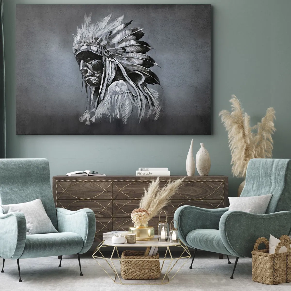 Canvastavla - Bild på duk - Porträtt av en indisk hövding som bär en traditionell huvudbonad - 70x50cm - Tillbaka till rötterna - Modern väggdekoration för vardagsrum och sovrum ARTTOR
