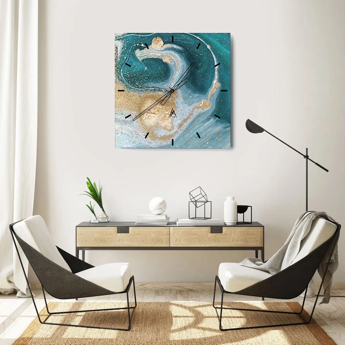 Väggklocka - Klocka på glas - Guld- och turkosvirvel - 40x40 cm