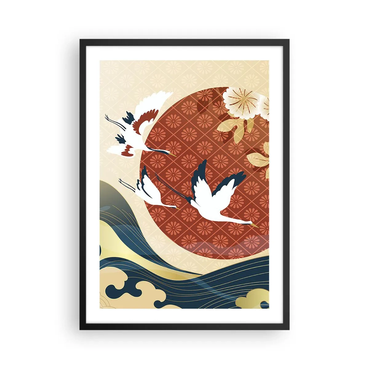 Affisch i svart ram - Japansk komposition med tranor, vågor och en röd cirkel - 50x70cm - Japansk saga - Modern väggdekoration för vardagsrum och sovrum ARTTOR