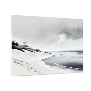 Glastavla - Bild på glas - Svartvit strand med horisont och lugnt hav - 70x50cm - Alltid tillsammans - Modern väggdekoration för vardagsrum och sovrum ARTTOR