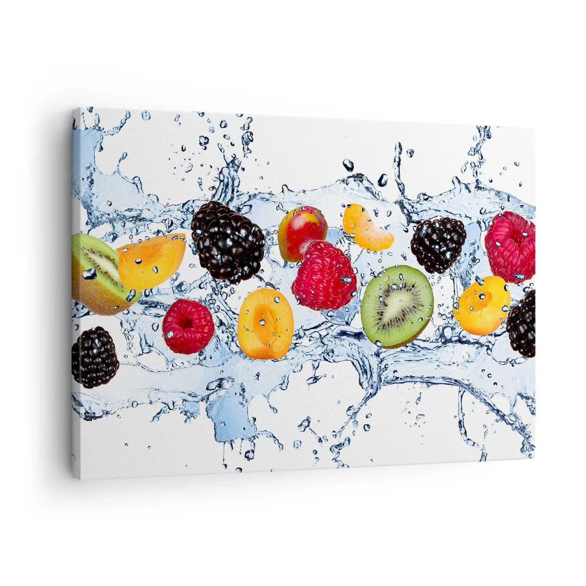Canvastavla - Bild på duk - Färgglada frukter nedsänkta i vattenstänk på en vit bakgrund - 70x50cm - Lek med oss - Modern väggdekoration för vardagsrum och sovrum ARTTOR