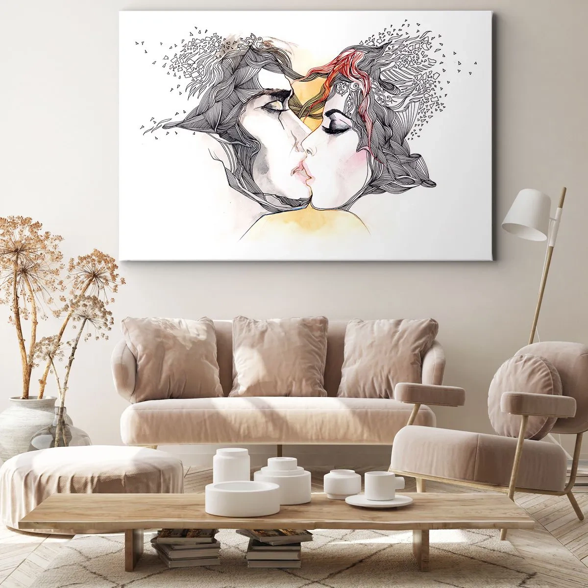 Canvastavla - Bild på duk - Konstnärligt porträtt av ett par med abstrakta hårmotiv - 70x50cm - Världen existerar inte - Modern väggdekoration för vardagsrum och sovrum ARTTOR