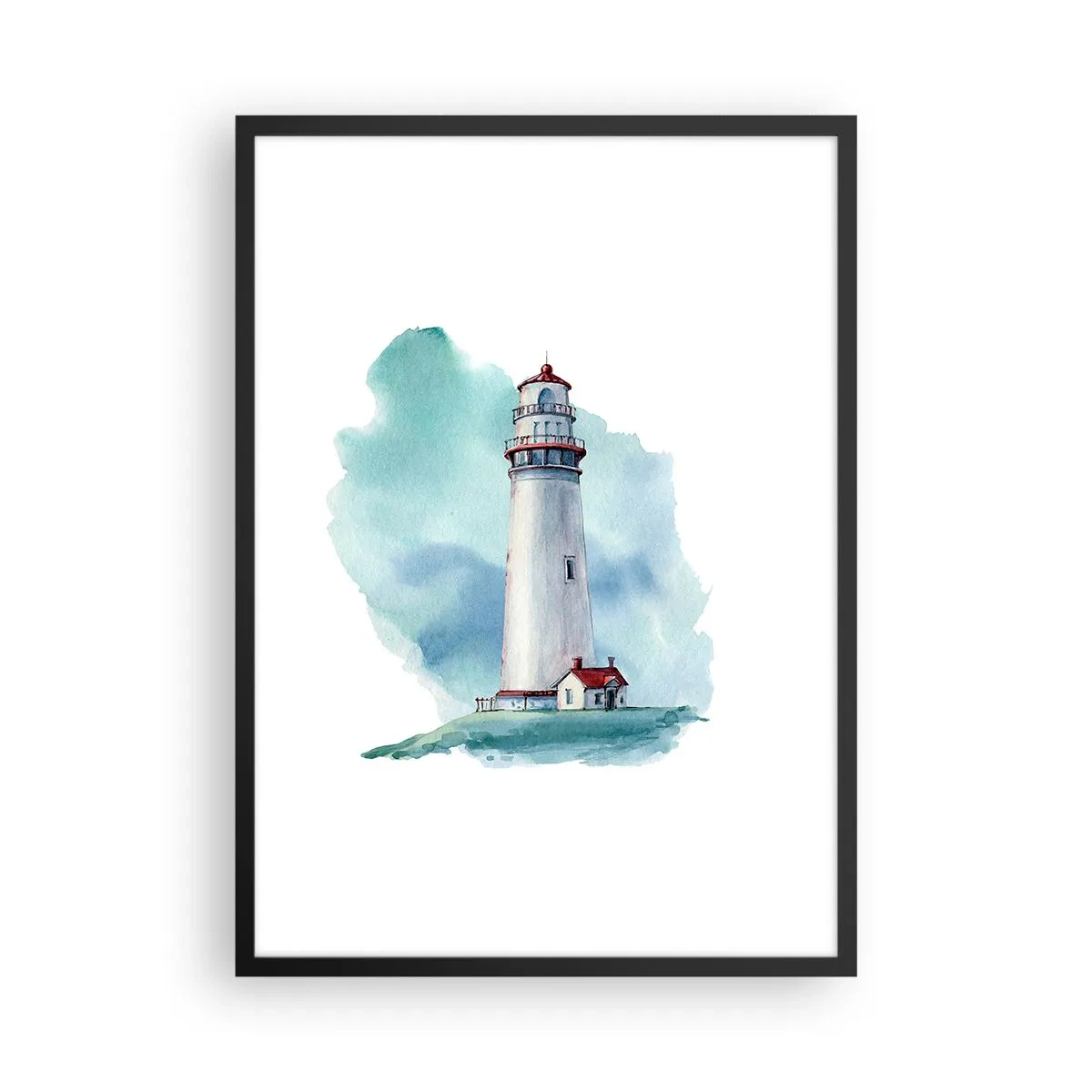 Affisch i svart ram - En målerisk illustration av en fyr omgiven av en blå himmel. - 50x70cm - Milda syster av det blåa - Modern väggdekoration för vardagsrum och sovrum ARTTOR