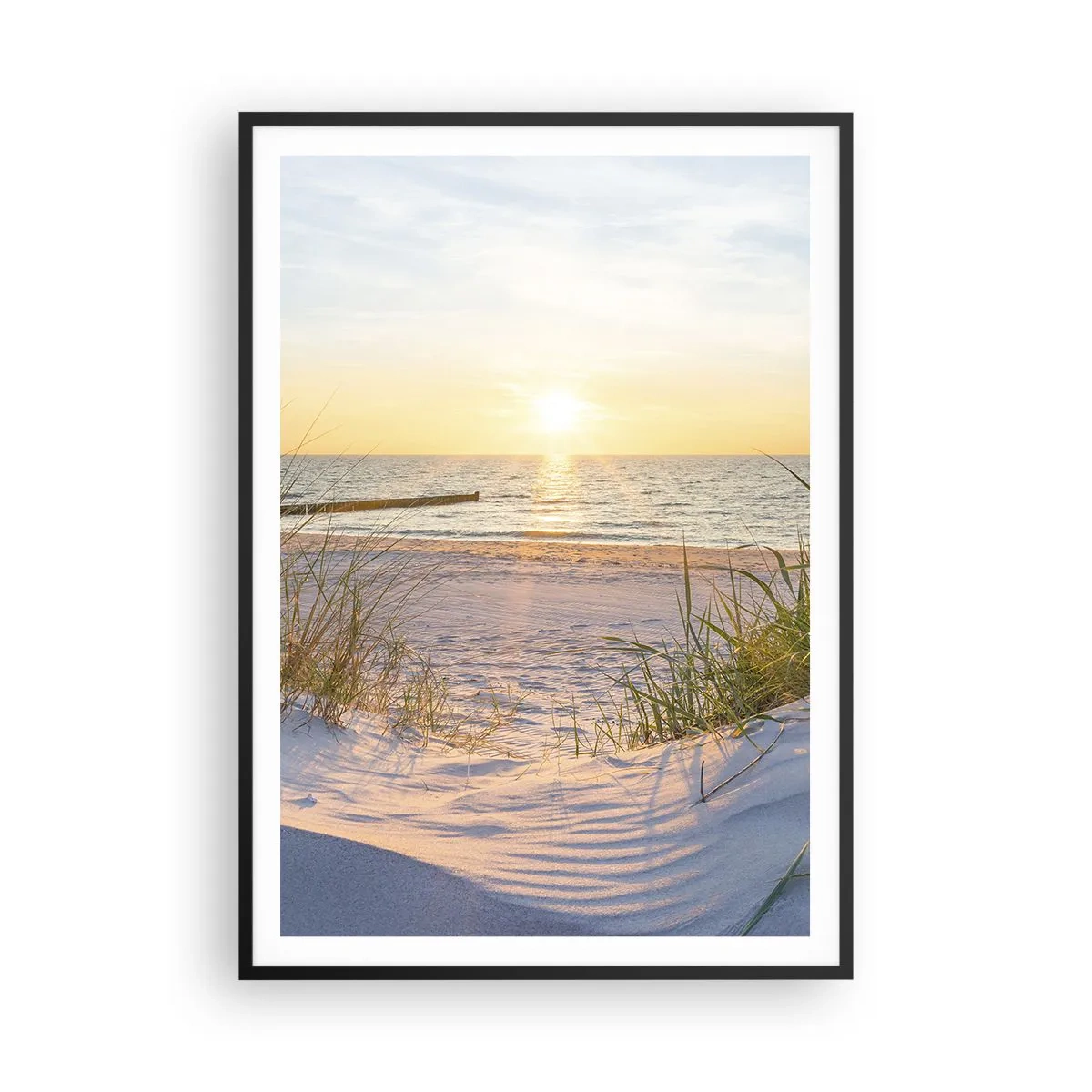 Affisch i svart ram - Havets brus, fågelsång, tom strand bland träden - 70x100 cm