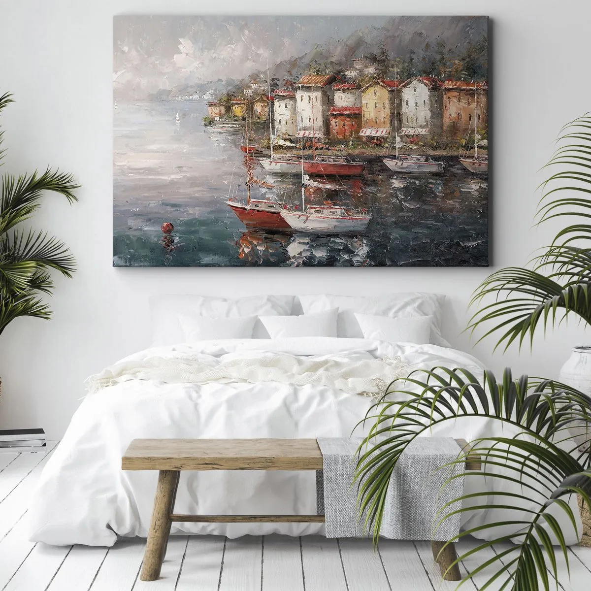 Canvastavla - Bild på duk - Kustlandskap med båtar och färgglada hus - 70x50cm - Romantisk hamn - Modern väggdekoration för vardagsrum och sovrum ARTTOR