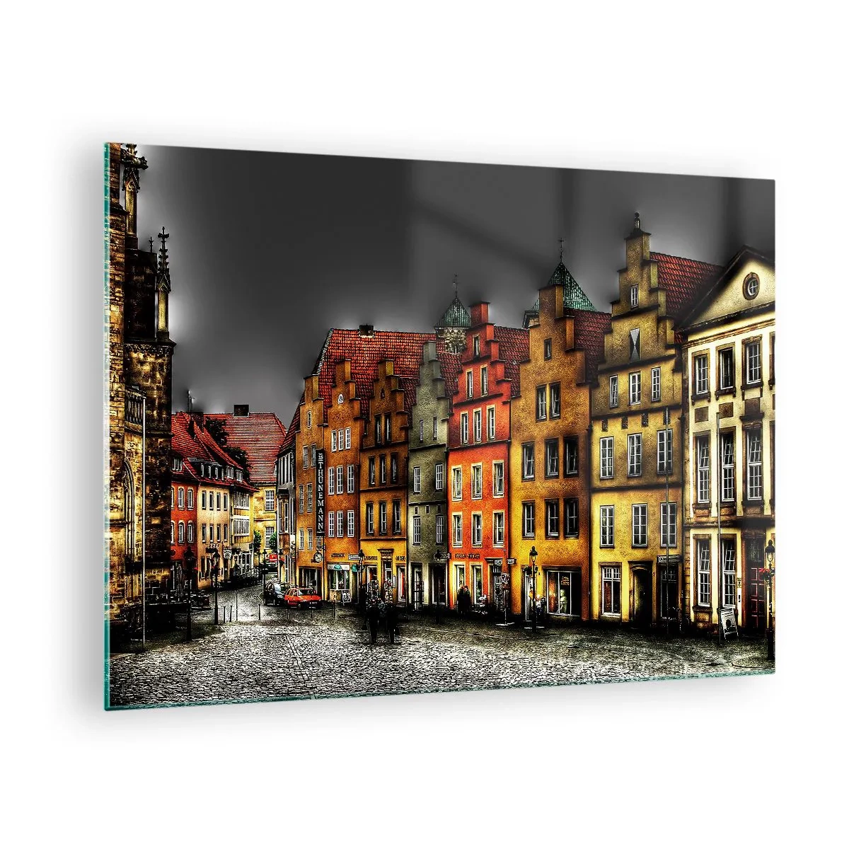 Glastavla - Bild på glas - Färgglada hyreshus mot bakgrund av en molnig himmel - 70x50cm - Det saknas bar förtrollad droska - Modern väggdekoration för vardagsrum och sovrum ARTTOR