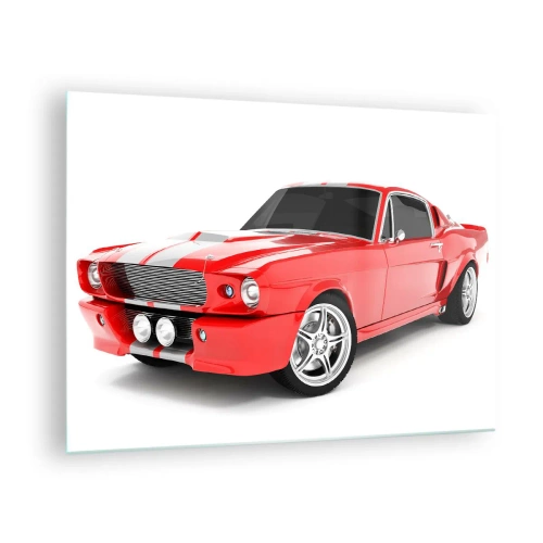 Glastavla - Bild på glas - Röd klassisk Mustang sportbil - 70x50cm - Mustang snabb som vinden - Modern väggdekoration för vardagsrum och sovrum ARTTOR