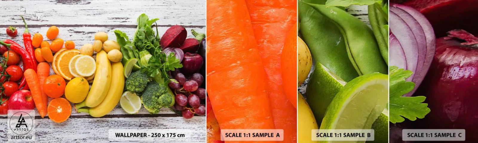 Provbit av självhäftande fototapet Deluxe Sticker - Räcker det inte? - Gastronomi, Frukt, Grönsaker - 100x30 cm