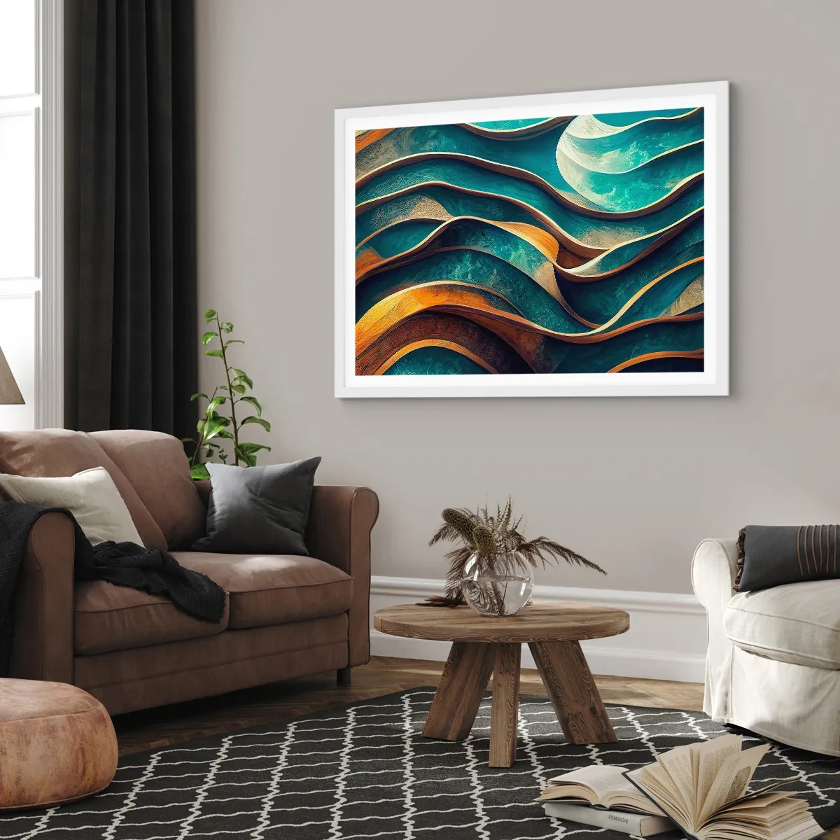 Affisch i vit ram - Meandrar av blått - 70x50 cm