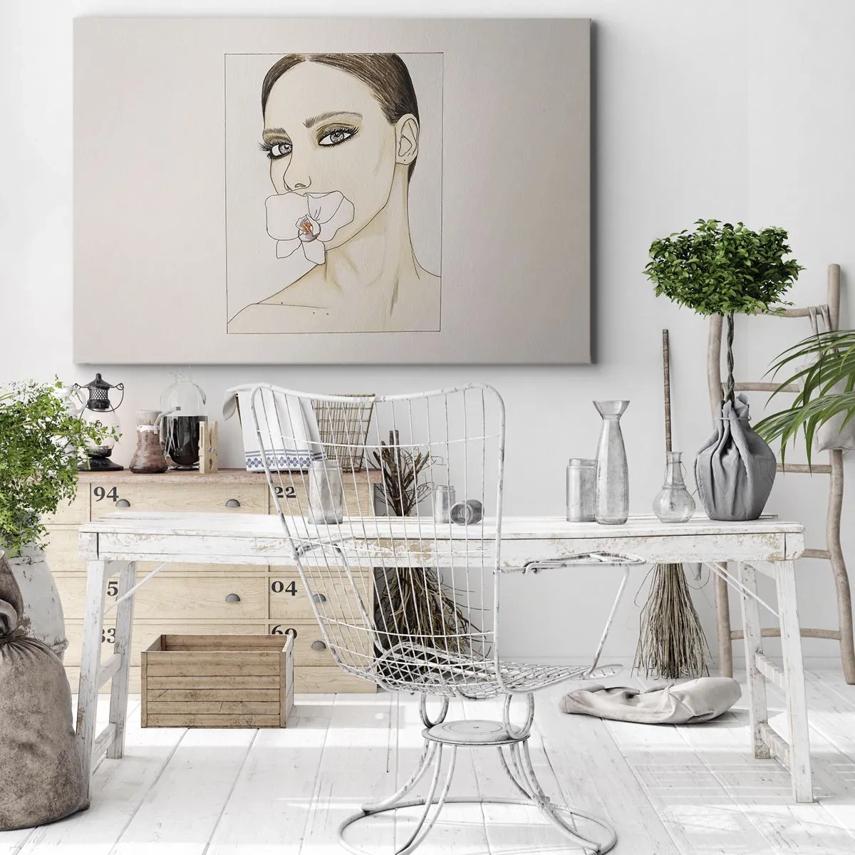 Canvastavla - Bild på duk - Porträtt av en kvinna med en orkidé i delikata färger - 70x50cm - Elegansens och skönhetens symbol - Modern väggdekoration för vardagsrum och sovrum ARTTOR