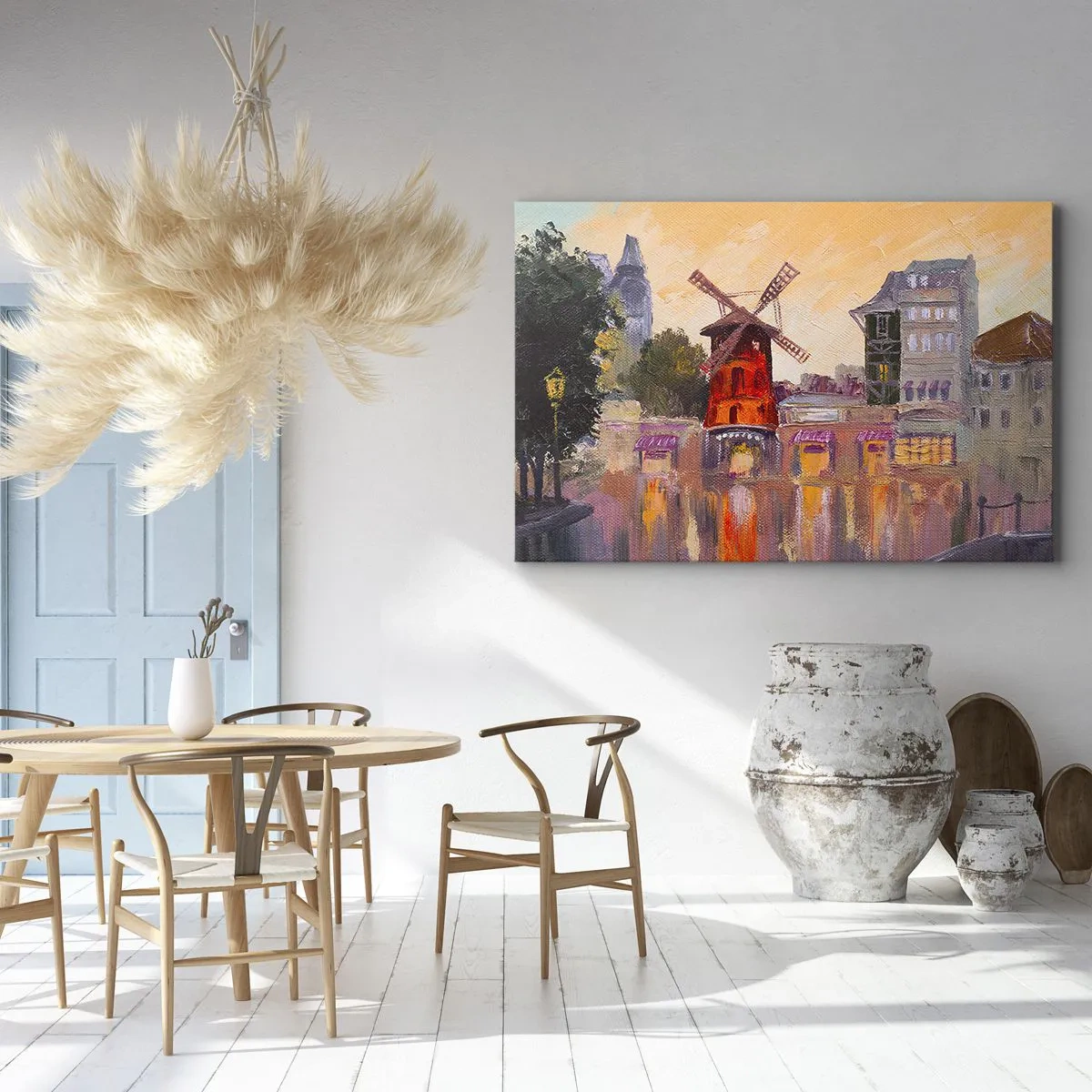 Canvastavla - Bild på duk - Moulin Rouges röda väderkvarn omgiven av stadsbilden - 70x50cm - Ikoner av Paris – Moulin Rouge - Modern väggdekoration för vardagsrum och sovrum ARTTOR