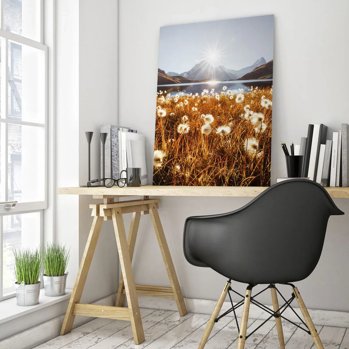 Glastavla - Bild på glas - Bergets hårdhet, gräsets mjukhet - 80x120 cm