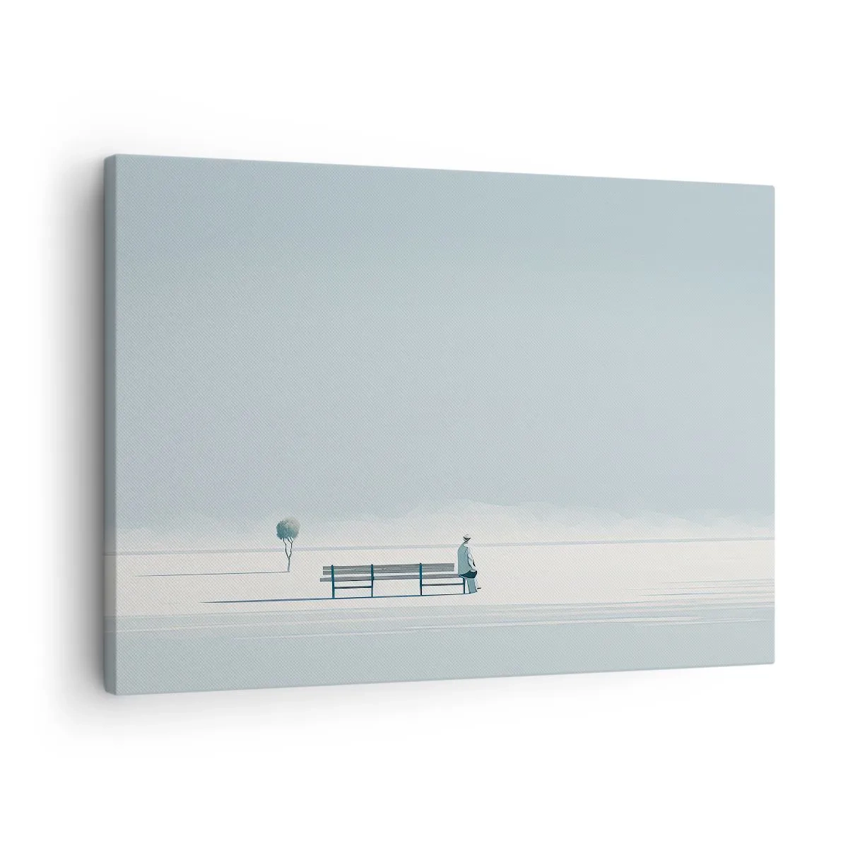 Canvastavla - Bild på duk - En person som sitter på en bänk i ett minimalistiskt landskap - 70x50cm - Ja, jag väntar. - Modern väggdekoration för vardagsrum och sovrum ARTTOR