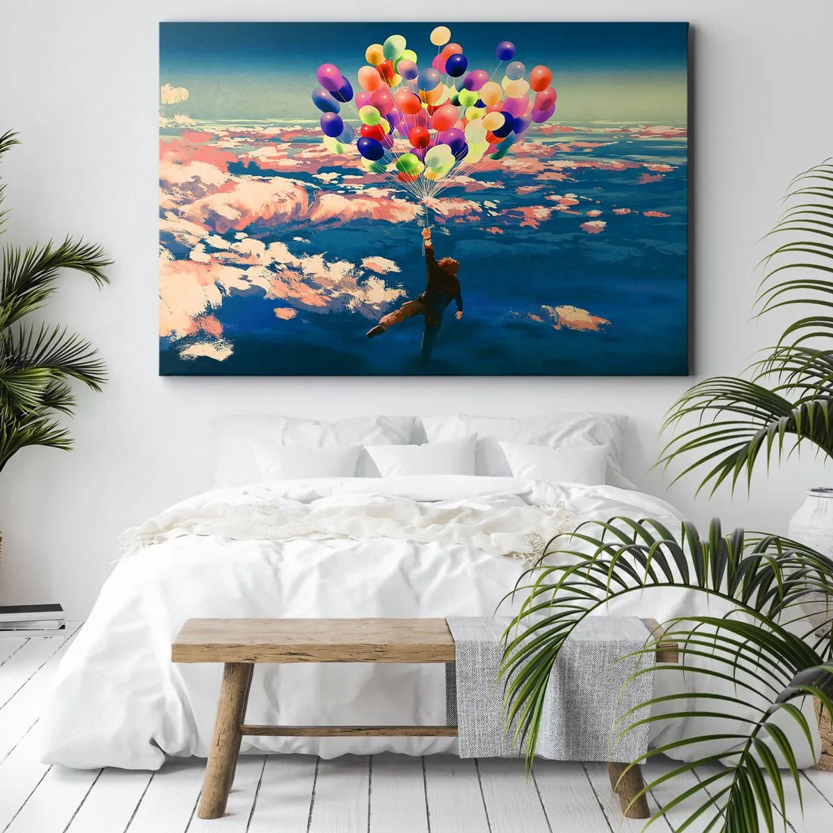 Canvastavla - Bild på duk - En figur som svävar ovanför molnen med färgglada ballonger - 70x50cm - Uppfylld barndomsdröm - Modern väggdekoration för vardagsrum och sovrum ARTTOR