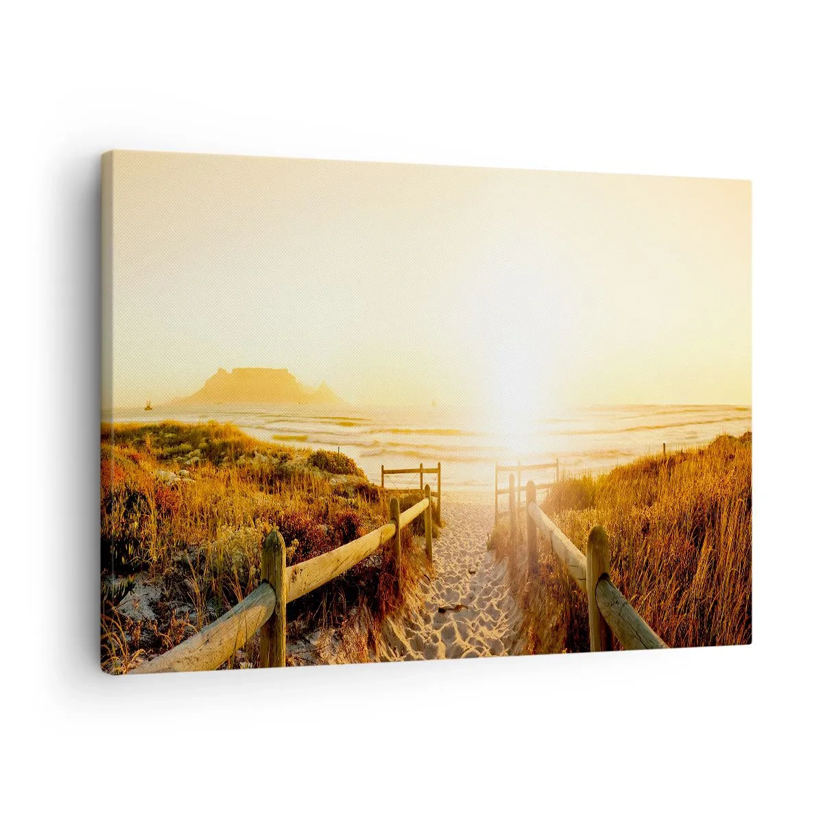 Canvastavla - Bild på duk - Vägen till stranden under en gyllene solnedgång - 70x50cm - Genom sanddynan mot solen - Modern väggdekoration för vardagsrum och sovrum ARTTOR