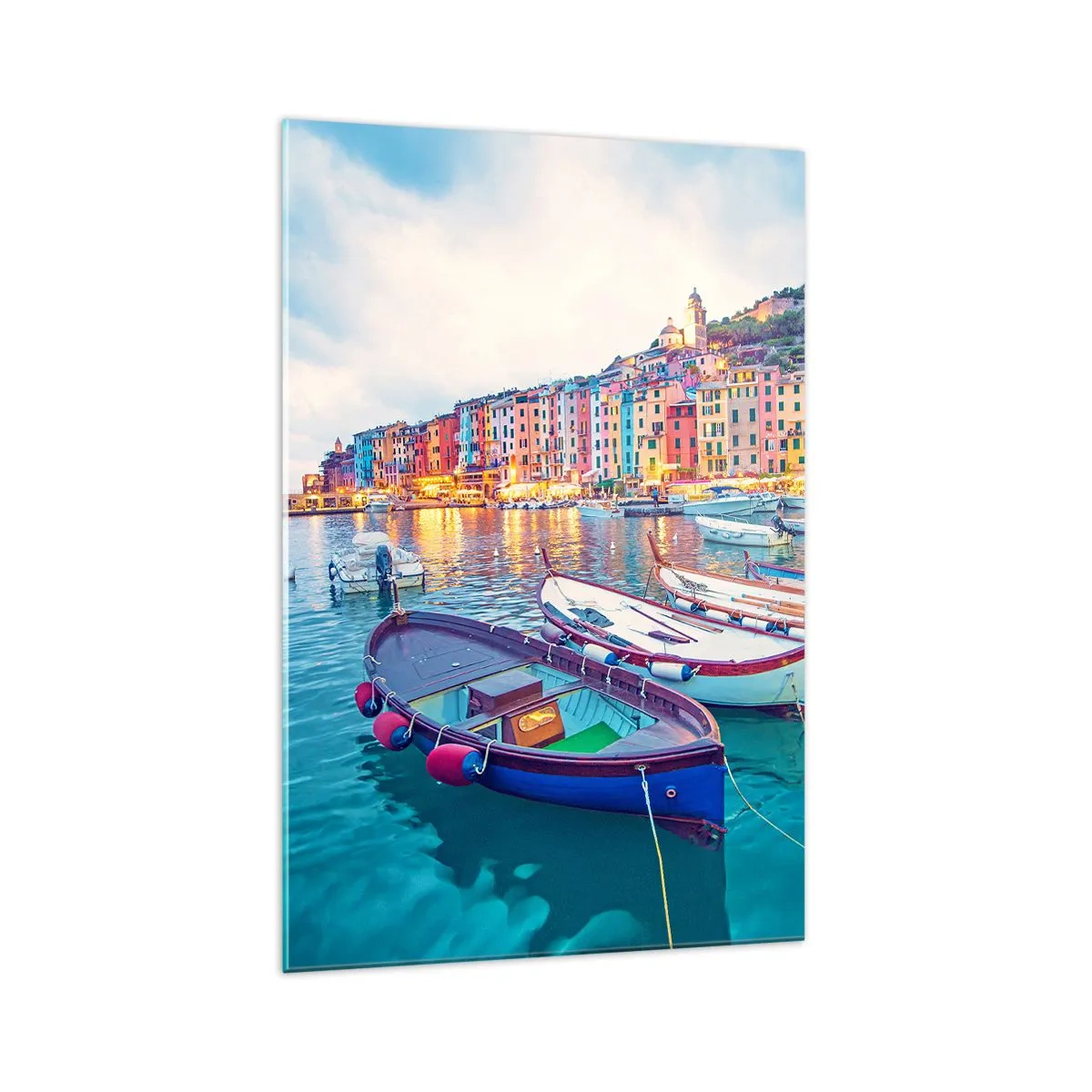 Glastavla - Bild på glas - Färgglad kväll i hamnen - 70x100 cm