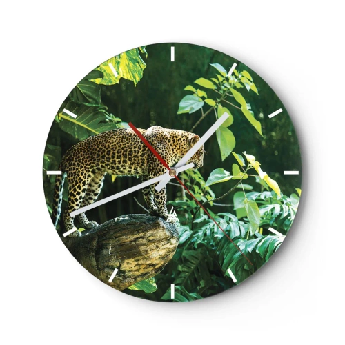 Väggklocka - Klocka på glas - Leopard i djungeln mot en bakgrund av gröna blad - 30x30cm - På jakt? - Modern väggdekoration för vardagsrum, kök och sovrum ARTTOR