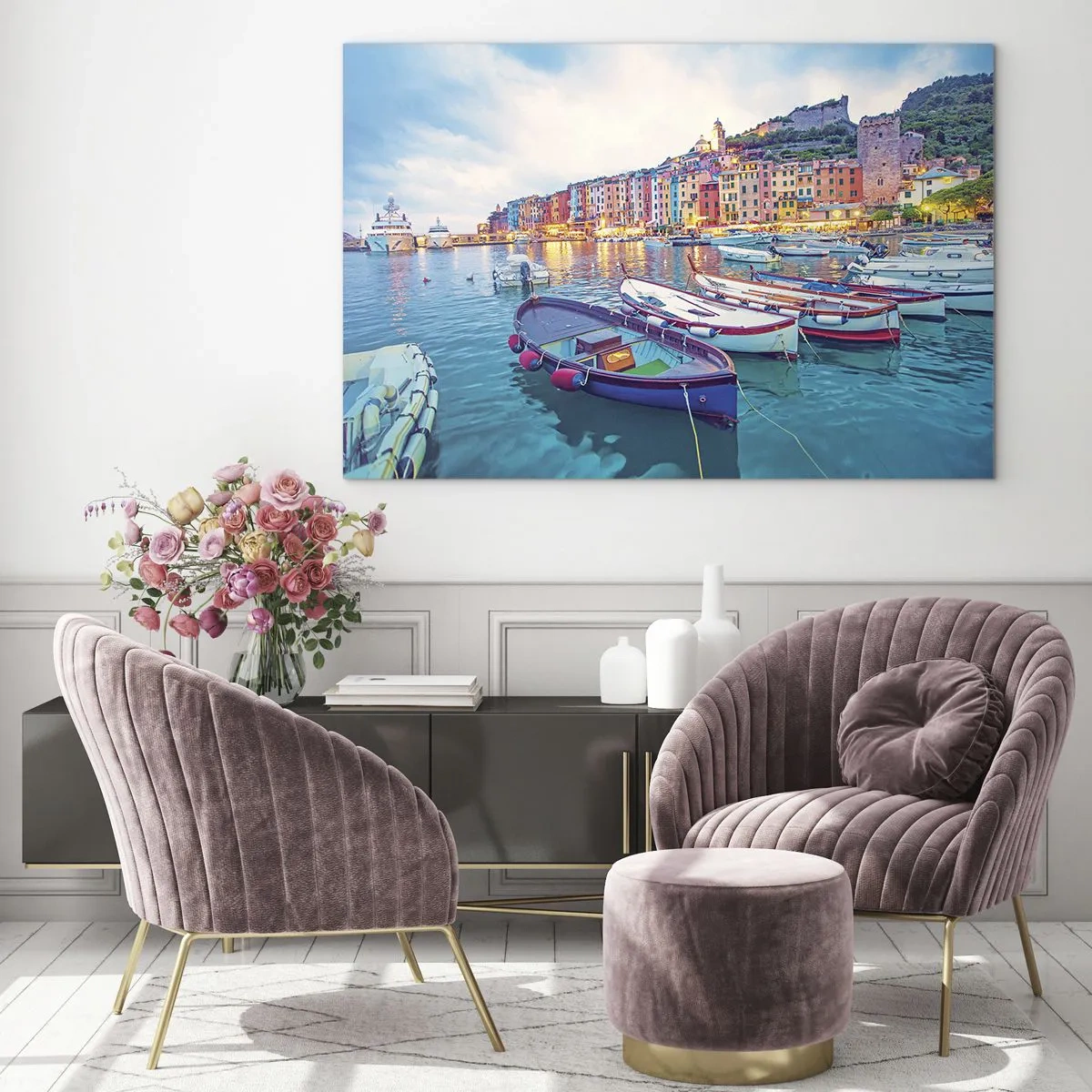 Glastavla - Bild på glas - Kvällsvy över Cinque Terre med dess färgglada byggnader - 70x50cm - Färgglad kväll i hamnen - Modern väggdekoration för vardagsrum och sovrum ARTTOR