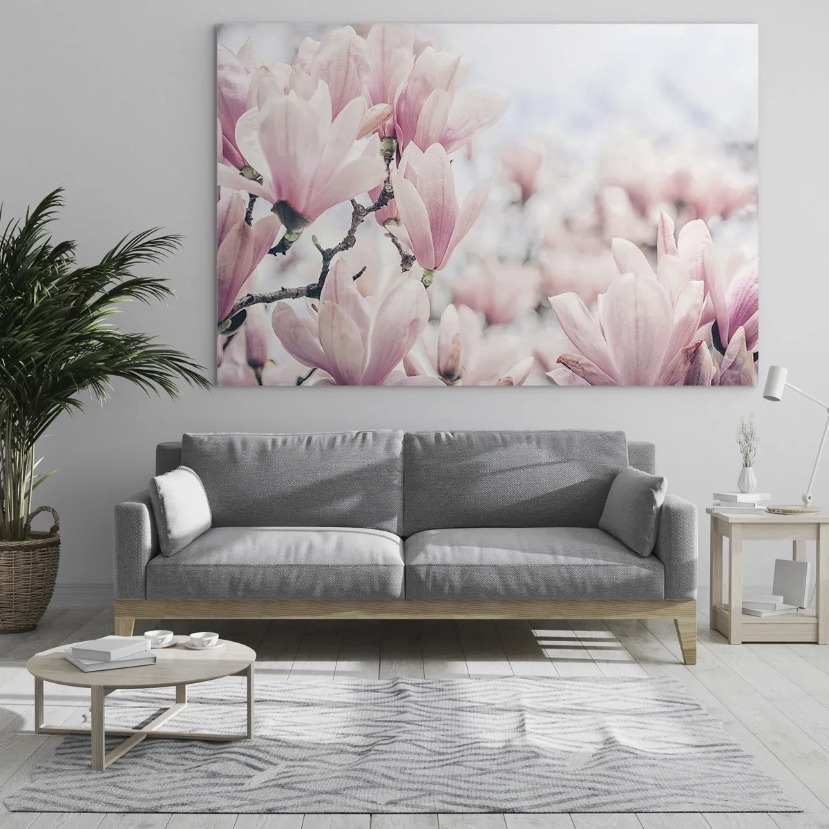 Glastavla - Bild på glas - Fina rosa magnolior på en ljus bakgrund - 70x50cm - Perfekt subtilitet - Modern väggdekoration för vardagsrum och sovrum ARTTOR