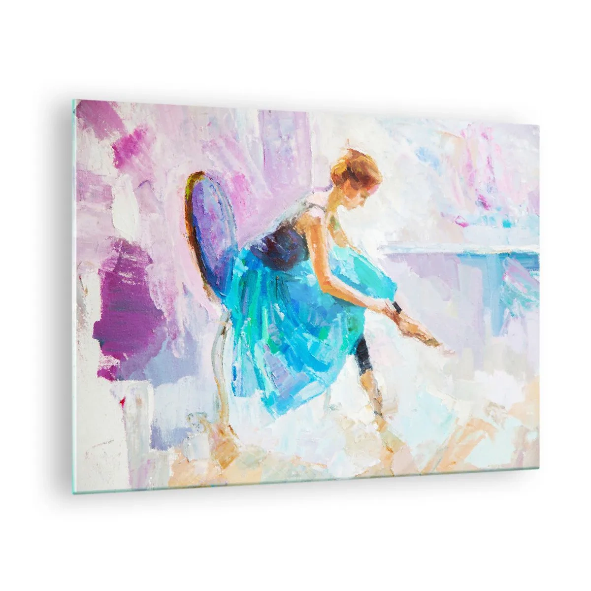 Glastavla - Bild på glas - En ballerina i en blå klänning mot en impressionistisk bakgrund - 70x50cm - Outtalad charm, fin stil - Modern väggdekoration för vardagsrum och sovrum ARTTOR