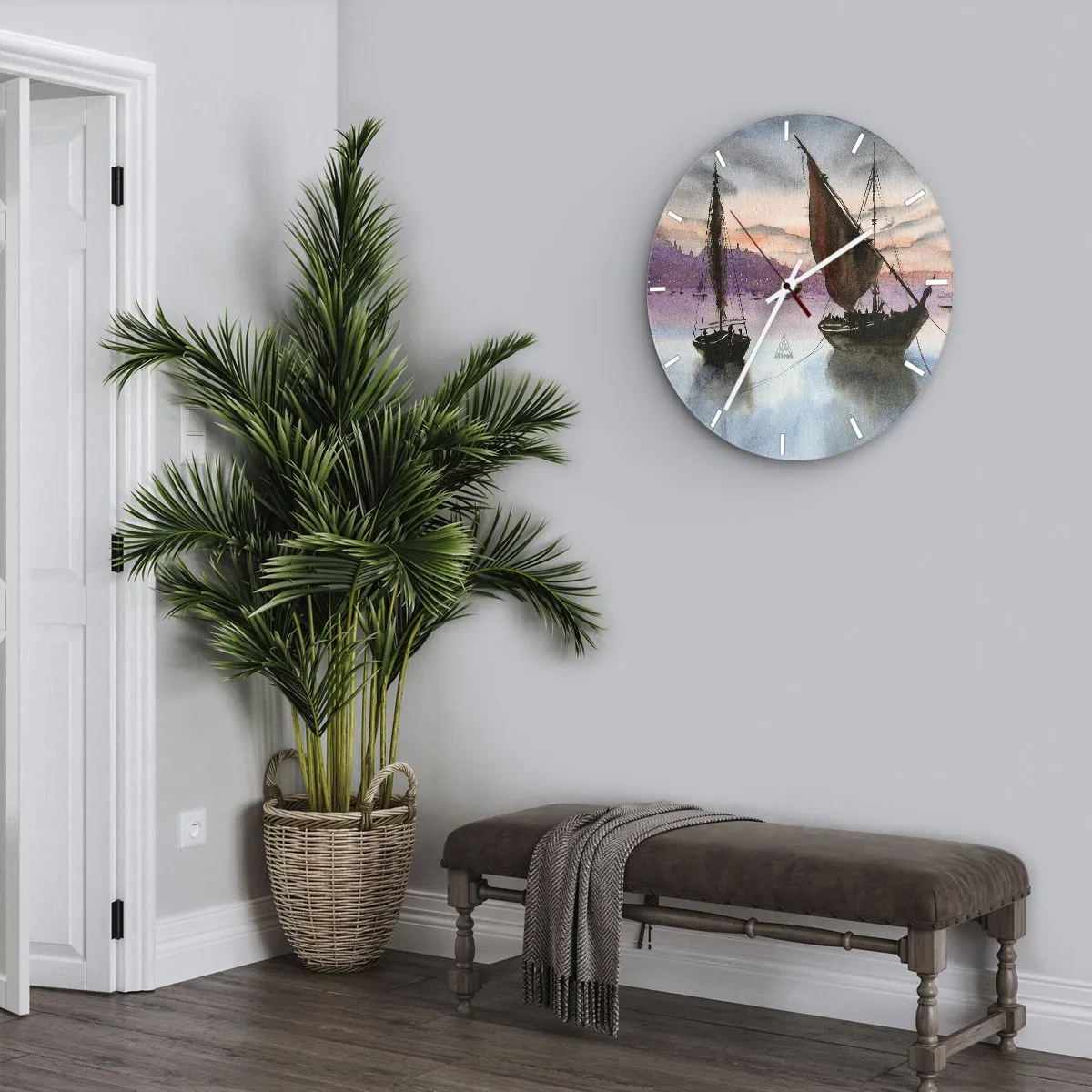 Väggklocka - Klocka på glas - Kväll i hamnen - 40x40 cm