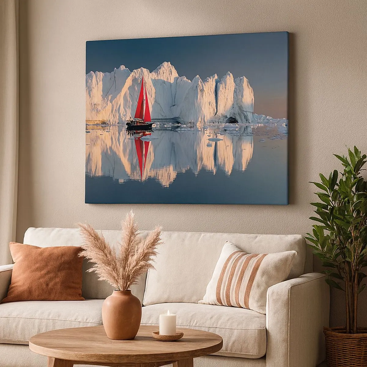 Canvastavla - Bild på duk - En segelbåt med ett rött segel mot bakgrund av en glaciär - 70x50cm - I världens ände - Modern väggdekoration för vardagsrum och sovrum ARTTOR